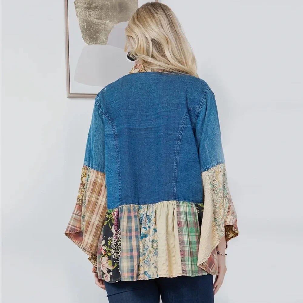 Patchwork Bohemian Jacket - Blue, Cream, Tan - Picture 3 of 6